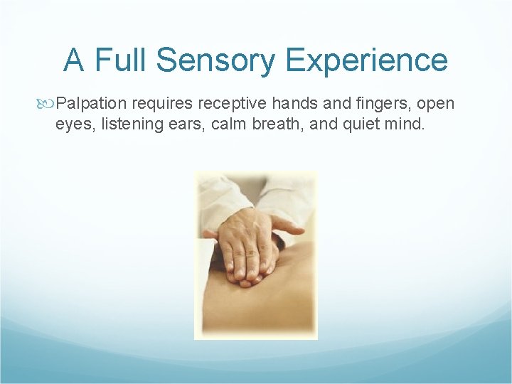 A Full Sensory Experience Palpation requires receptive hands and fingers, open eyes, listening ears,