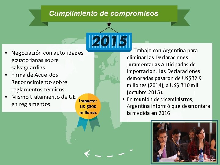 Cumplimiento de compromisos • Negociación con autoridades ecuatorianas sobre salvaguardias • Firma de Acuerdos