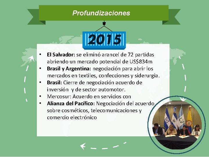 Profundizaciones • El Salvador: se eliminó arancel de 72 partidas abriendo un mercado potencial