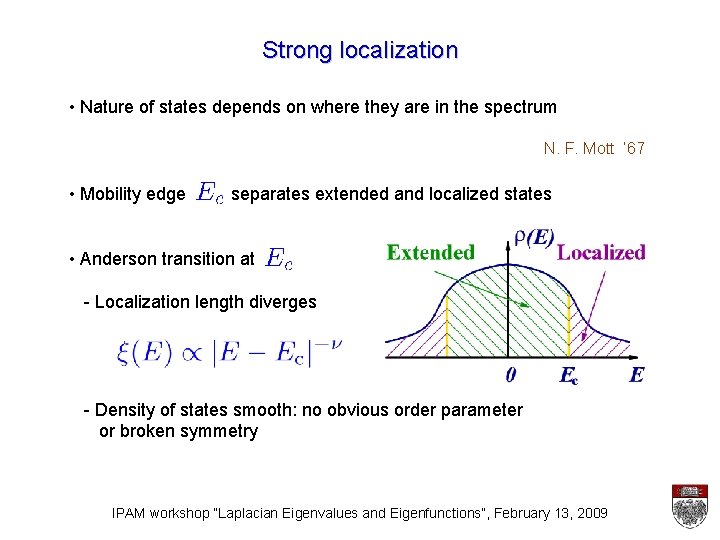 Strong localization • Nature of states depends on where they are in the spectrum