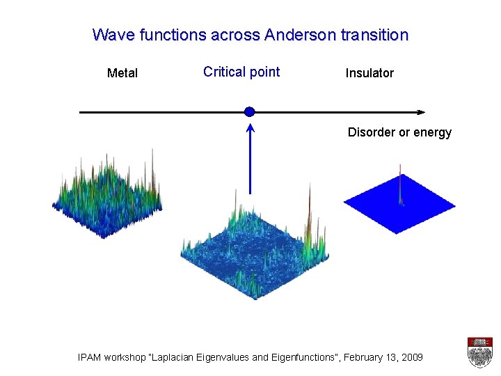 Wave functions across Anderson transition Metal Critical point Insulator Disorder or energy IPAM workshop