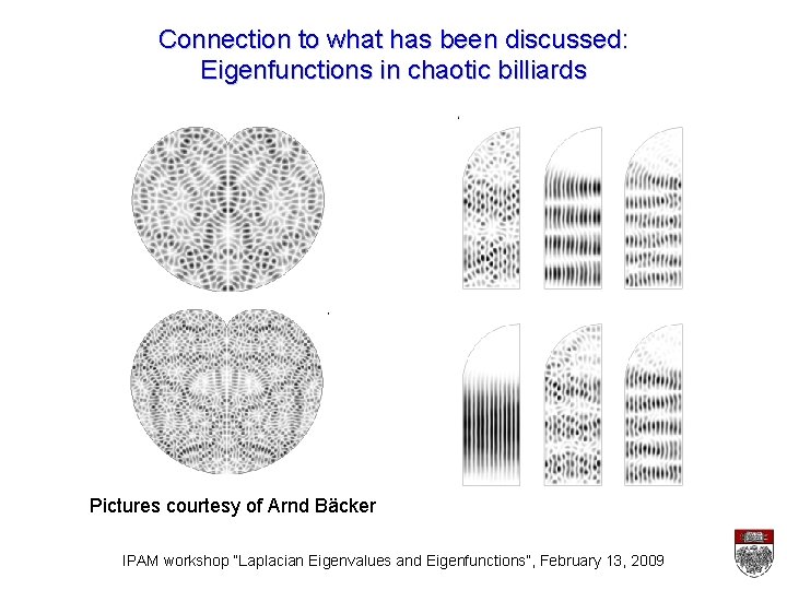 Connection to what has been discussed: Eigenfunctions in chaotic billiards Pictures courtesy of Arnd