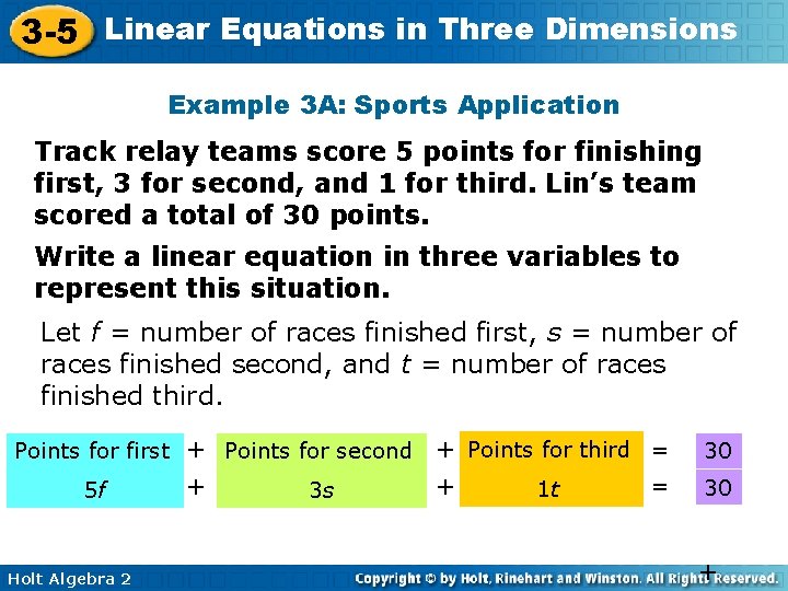 3 -5 Linear Equations in Three Dimensions Example 3 A: Sports Application Track relay