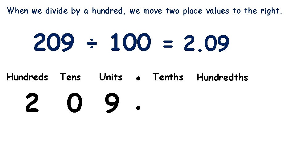 When we divide by a hundred, we move two place values to the right.