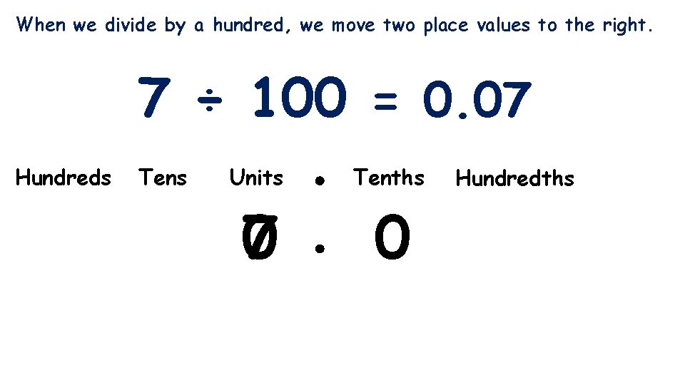 When we divide by a hundred, we move two place values to the right.
