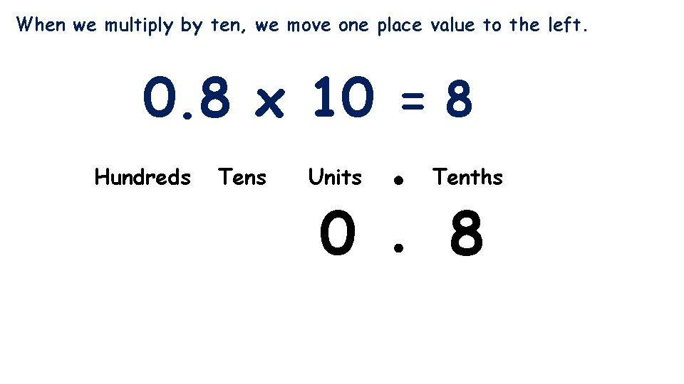 When we multiply by ten, we move one place value to the left. 0.