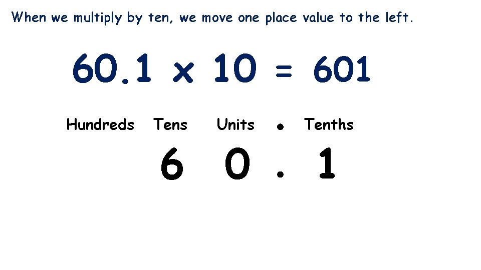 When we multiply by ten, we move one place value to the left. 60.