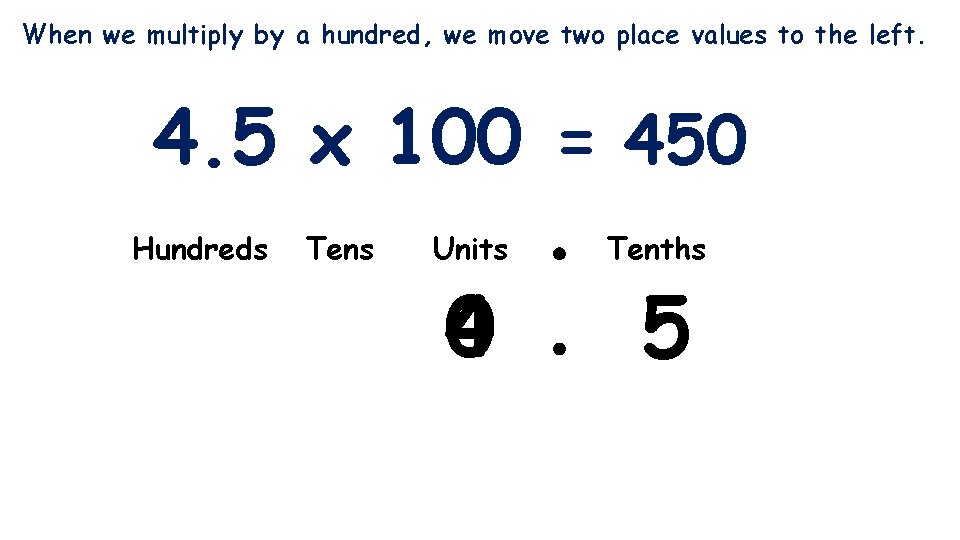 When we multiply by a hundred, we move two place values to the left.