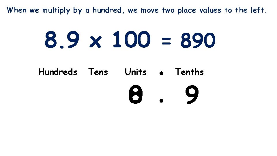 When we multiply by a hundred, we move two place values to the left.