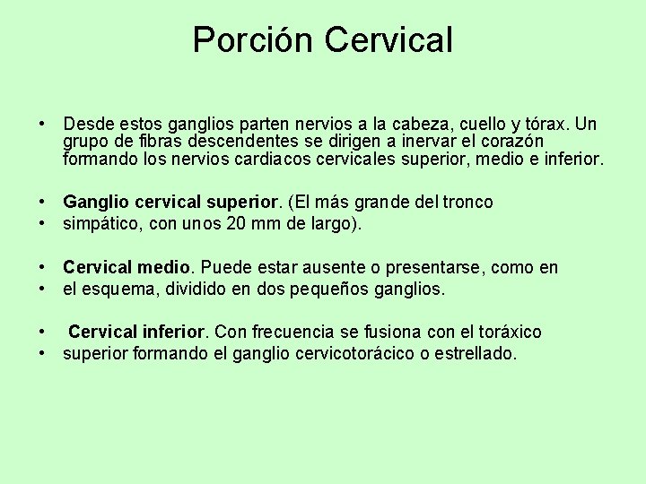 Porción Cervical • Desde estos ganglios parten nervios a la cabeza, cuello y tórax.
