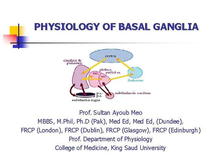 PHYSIOLOGY OF BASAL GANGLIA Prof. Sultan Ayoub Meo MBBS, M. Phil, Ph. D (Pak),