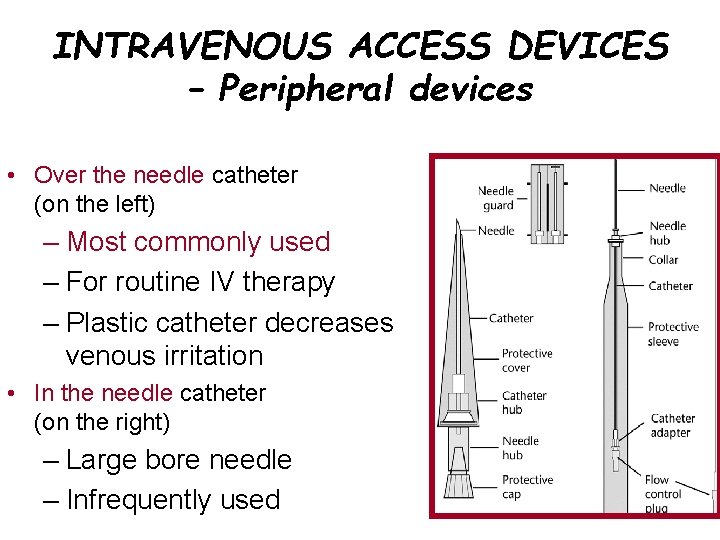 INTRAVENOUS ACCESS DEVICES – Peripheral devices • Over the needle catheter (on the left)