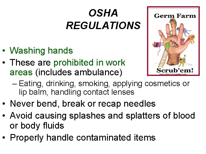 OSHA REGULATIONS • Washing hands • These are prohibited in work areas (includes ambulance)