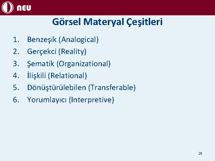 Görsel Materyal Çeşitleri 1. 2. 3. 4. 5. 6. Benzeşik (Analogical) Gerçekci (Reality) Şematik