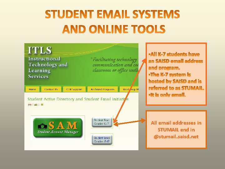 All email addresses in STUMAIL end in @stumail. saisd. net 