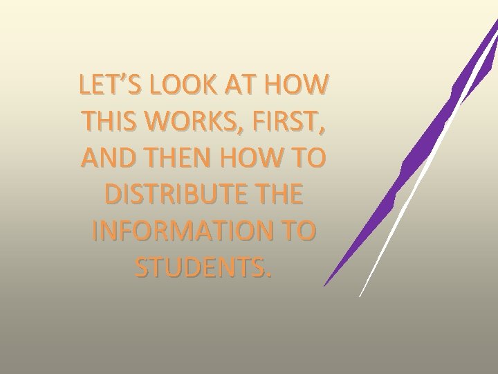 LET’S LOOK AT HOW THIS WORKS, FIRST, AND THEN HOW TO DISTRIBUTE THE INFORMATION LET’S LOOK AT HOW THIS WORKS, FIRST, AND THEN HOW TO DISTRIBUTE THE INFORMATION