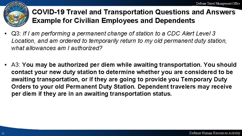 Defense Travel Management Office COVID-19 Travel and Transportation Questions and Answers Example for Civilian