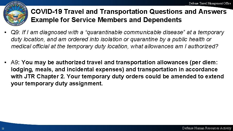 Defense Travel Management Office COVID-19 Travel and Transportation Questions and Answers Example for Service