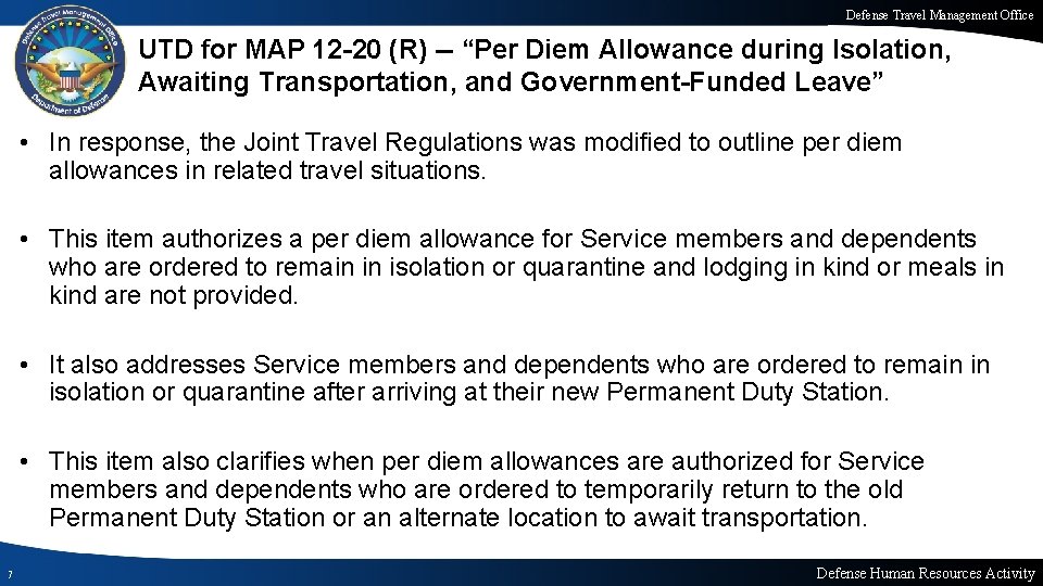 Defense Travel Management Office UTD for MAP 12 -20 (R) -- “Per Diem Allowance