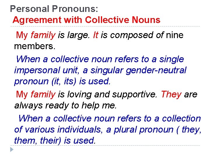 Personal Pronouns: Agreement with Collective Nouns My family is large. It is composed of