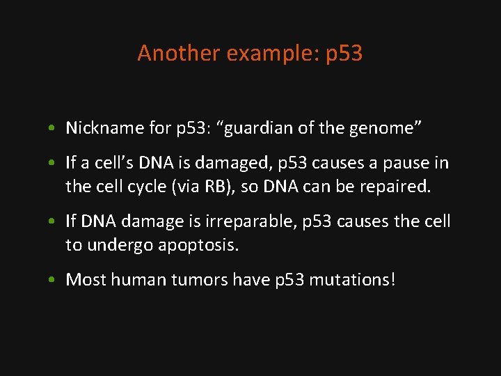 Another example: p 53 • Nickname for p 53: “guardian of the genome” •