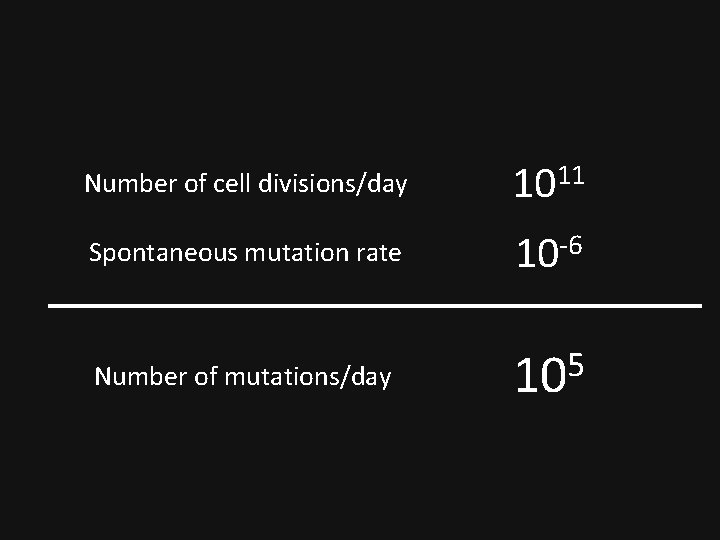 Number of cell divisions/day 11 10 Spontaneous mutation rate 10 -6 Number of mutations/day