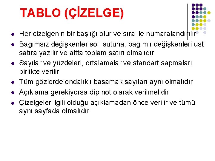 TABLO (ÇİZELGE) l l l Her çizelgenin bir başlığı olur ve sıra ile numaralandırılır