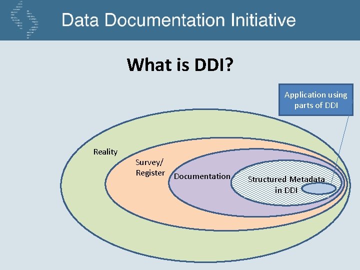 What is DDI? Application using parts of DDI Reality Survey/ Register Documentation Structured Metadata