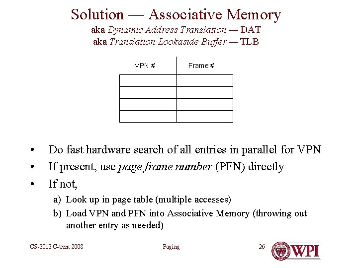 Solution — Associative Memory aka Dynamic Address Translation — DAT aka Translation Lookaside Buffer