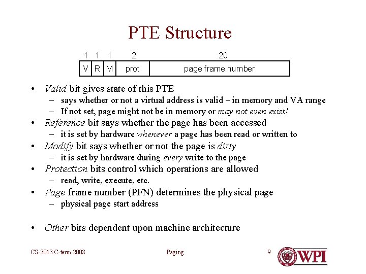 PTE Structure 1 1 1 2 V R M prot 20 page frame number