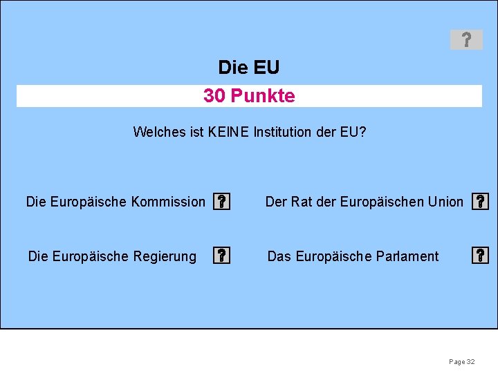 Die EU 30 Punkte Welches ist KEINE Institution der EU? Die Europäische Kommission Der