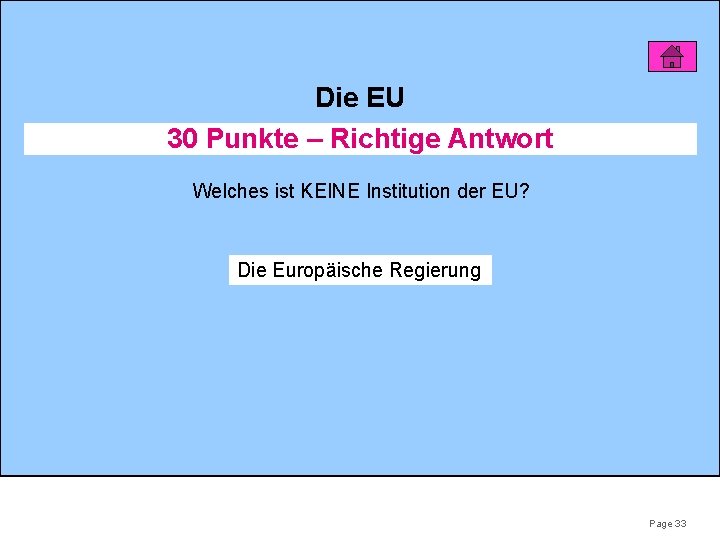 Die EU 30 Punkte – Richtige Antwort Welches ist KEINE Institution der EU? Die