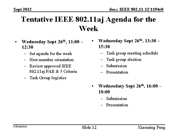 Sept 2012 doc. : IEEE 802. 11 -12/1194 r 0 Tentative IEEE 802. 11