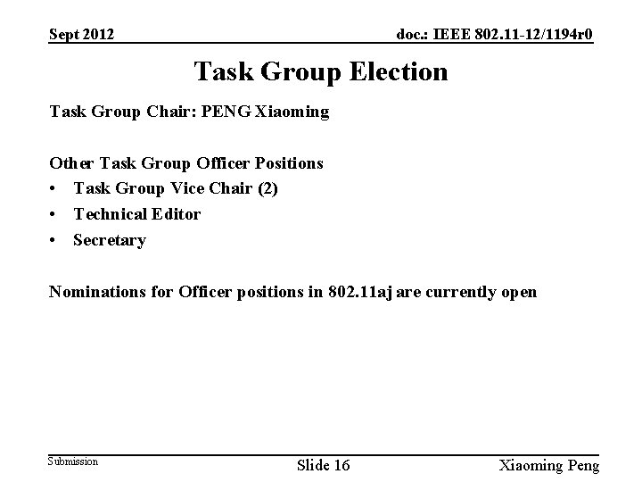 Sept 2012 doc. : IEEE 802. 11 -12/1194 r 0 Task Group Election Task