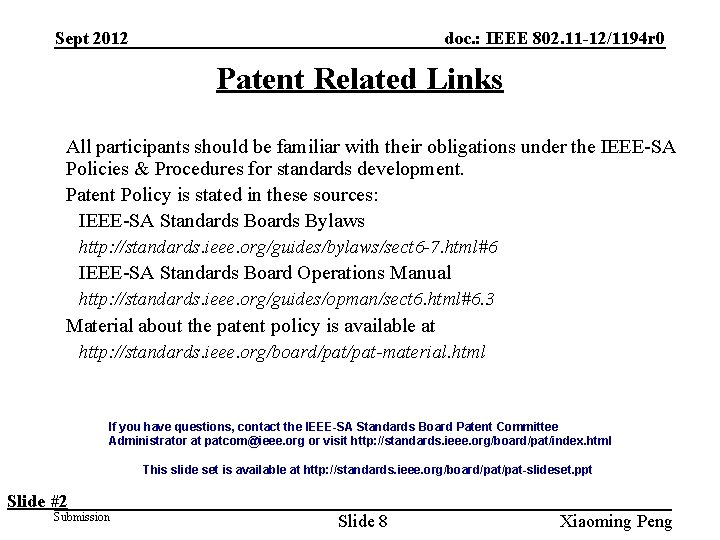 Sept 2012 doc. : IEEE 802. 11 -12/1194 r 0 Patent Related Links All