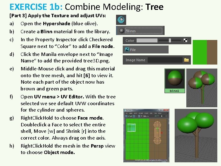 EXERCISE 1 b: Combine Modeling: Tree [Part 3] Apply the Texture and adjust UVs: