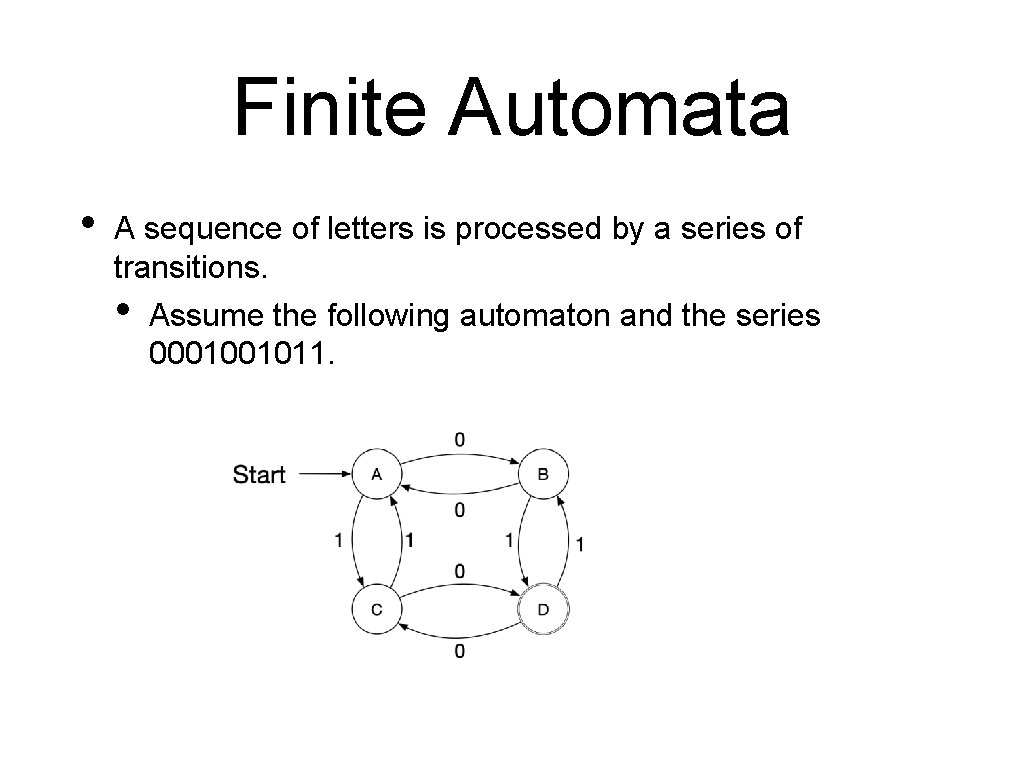 Finite Automata • A sequence of letters is processed by a series of transitions.