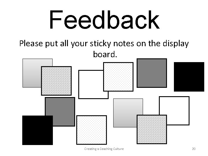 Feedback Please put all your sticky notes on the display board. Creating a Coaching