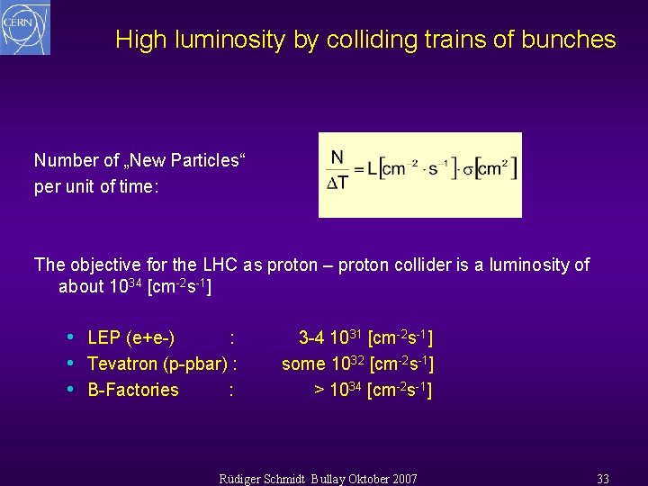 High luminosity by colliding trains of bunches Number of „New Particles“ per unit of