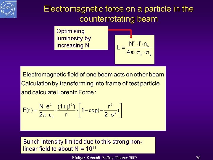 Electromagnetic force on a particle in the counterrotating beam Optimising luminosity by increasing N