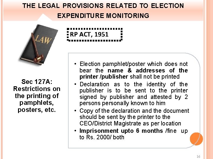THE LEGAL PROVISIONS RELATED TO ELECTION EXPENDITURE MONITORING RP ACT, 1951 Sec 127 A: