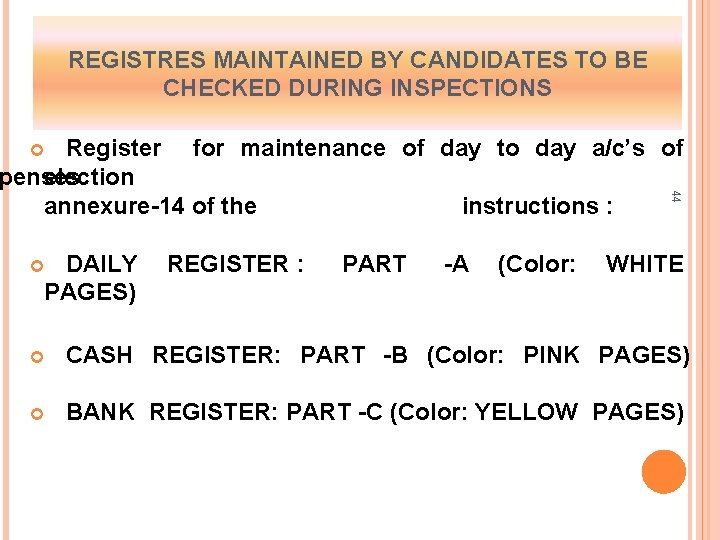 REGISTRES MAINTAINED BY CANDIDATES TO BE CHECKED DURING INSPECTIONS Register for maintenance of day