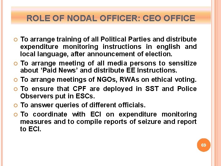 ROLE OF NODAL OFFICER: CEO OFFICE To arrange training of all Political Parties and