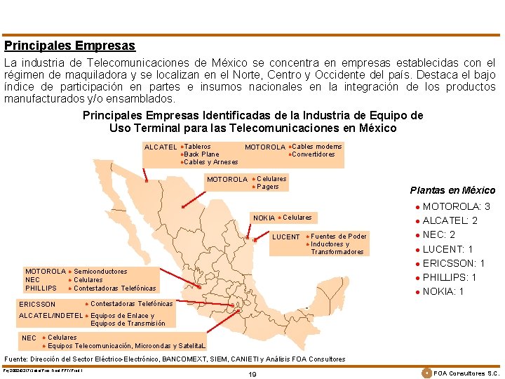 Principales Empresas La industria de Telecomunicaciones de México se concentra en empresas establecidas con