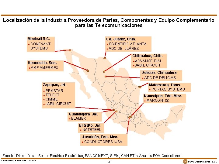 Localización de la Industria Proveedora de Partes, Componentes y Equipo Complementario para las Telecomunicaciones