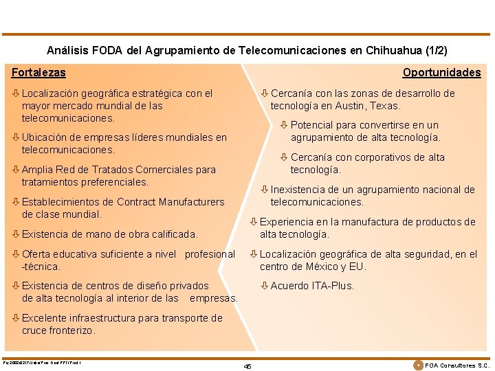 Análisis FODA del Agrupamiento de Telecomunicaciones en Chihuahua (1/2) Fortalezas Oportunidades ò Localización geográfica