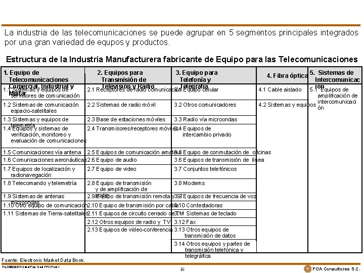 La industria de las telecomunicaciones se puede agrupar en 5 segmentos principales integrados por