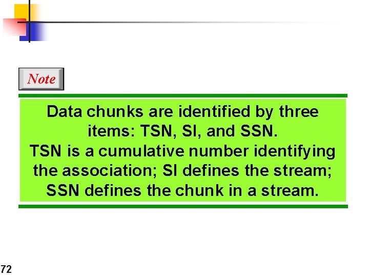 Note Data chunks are identified by three items: TSN, SI, and SSN. TSN is