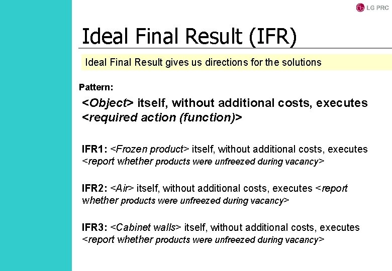 Ideal Final Result (IFR) Ideal Final Result gives us directions for the solutions Pattern: