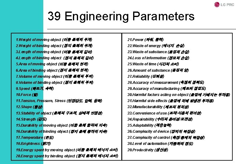 39 Engineering Parameters 1. Weight of moving object ( 이동 물체의 무게) 21. Power